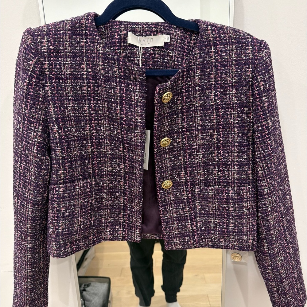 New Astr the Label Purple Lysa Tweed cropped Blazer Jacket $168